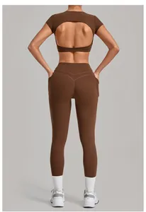 Professional back view of brown two-piece yoga set with cutout crop top and pocket leggings