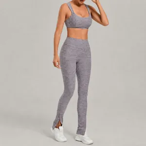 Two-piece brushed yoga set featuring an adjustable strap bra and split hem leggings