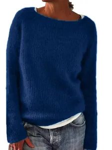 Casual women's solid navy blue round neck knit sweater basic pullover for daily wear