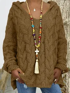 Pull à capuche marron pour femme en tricot torsadé pour l'automne-hiver