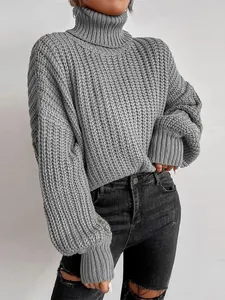 Damen Casual Oversize Strickpullover Acryl Überschnittene Schultern Rollkragen Einfarbig Langarm Pullover Herbst Winter Mode Warm Elegant Jumper Top