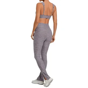 Two-piece heathered grey yoga set with adjustable sports bra and flared leggings
