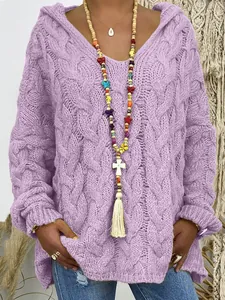 Pull à capuche violet pour femme avec tricot torsadé élégant et col en V décontracté