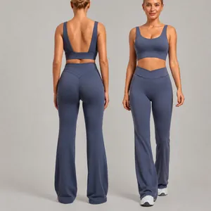 Women's Nylon Spandex Yoga Workout Top And Bottom Crossover High Waist Flare Leggings Backless Sports Bra Athletic Clothes