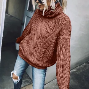Chunky knit turtleneck sweater in terracotta with cable-knit details