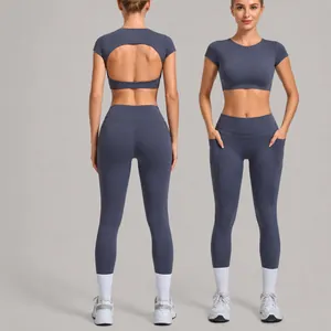 Women's Backless Yoga Set Short Sleeve Top And High Waisted Pocket Leggings Gym Workout Running Athleisure Sportswear Suit