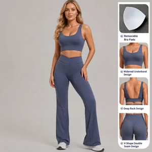Two-piece lavender quick-dry yoga set featuring a sports bra and flared high-waist pants