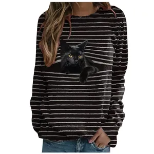 T-shirt décontracté à manches longues pour femme avec motif imprimé chat noir réaliste