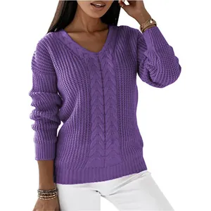 Close-up of women's purple V-neck cable knit sweater with long sleeves and ribbed cuffs
