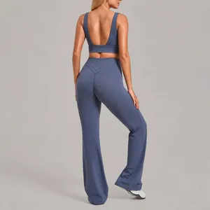 Quick-dry yoga set featuring backless sports bra and high-waisted flared leggings