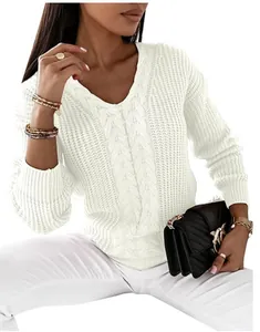 Detailed view of women's white V-neck cable knit sweater with casual long sleeves