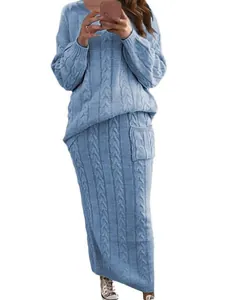 Women Autumn Winter Cable Knit Top And Bottom Set Long Sleeve Round Neck Sweater And Maxi Skirt Patchwork Casual Knitted Suit