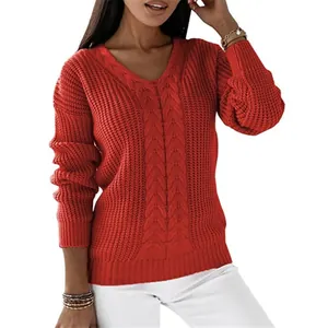 Stylish red V-neck cable knit sweater for women with long sleeves and casual fit