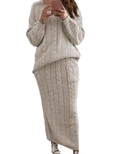 Elegant two-piece cable knit sweater and long skirt set in beige for winter warmth