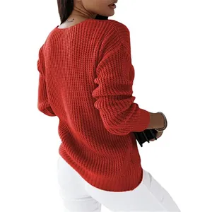 Detailed back view of a red chunky knit long-sleeve sweater for women in a casual style