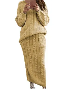 Cozy women's cable knit sweater and long skirt two-piece autumn winter set in beige