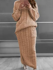 Elegant camel cable-knit two-piece sweater and skirt set for women autumn winter
