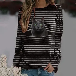 T-shirt décontracté à rayures noires et blanches avec imprimé réaliste de chat en 3D