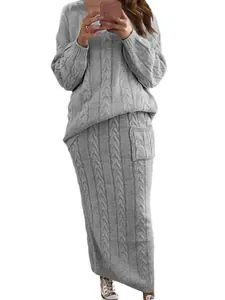 Cozy grey cable-knit two-piece sweater and maxi skirt set for women's winter style.