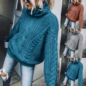Women High Neck Cable Knit Sweater Angora Wool Mohair Pullover Casual Solid Color Long Sleeve Top For Autumn Winter