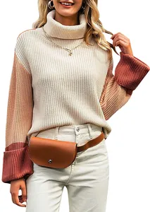 Cozy high-neck color-block knit sweater with wide sleeves and warm autumnal tones.