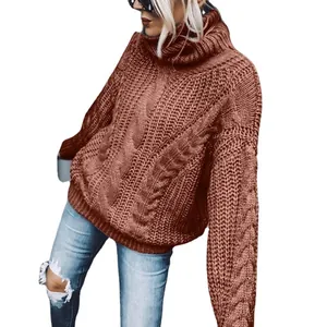 Women's chunky oversized rust cable knit turtleneck sweater for autumn and winter