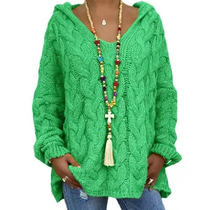 Pull à capuche en maille torsadée pour femme en vert vif