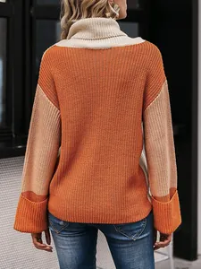 Detailed back view of a cozy colorblock turtleneck knit sweater in orange and beige
