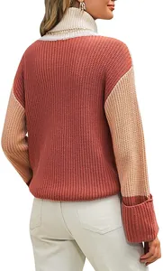 Back view of women's chunky color-block turtleneck knit sweater in brick red and beige