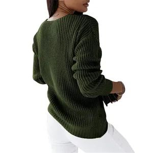 Detailed rear view of dark green long sleeve chunky knit pullover sweater for women