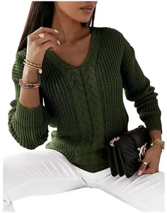 Close-up detail of women's olive green cable knit V-neck sweater with long sleeves