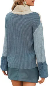 Back view of thick color-block knit sweater with high neck and long sleeves