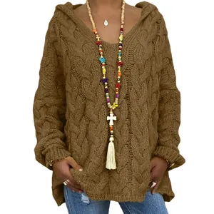 Pull à capuche marron pour femmes en maille torsadée pull-over ample à manches longues