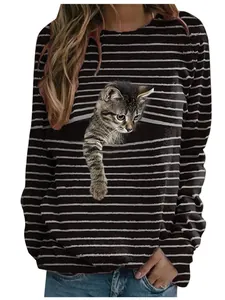 T-Shirt à Manches Longues Décontracté pour Femmes Rayé Col Rond en Soie de Lait Avec Impression de Chat 3D Réaliste Mode d'Automne