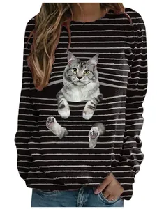T-shirt décontracté à manches longues pour femmes avec rayures noires et imprimé chat 3D