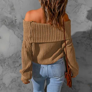 Back view of an elegant brown off-the-shoulder loose-fit knitted sweater for women