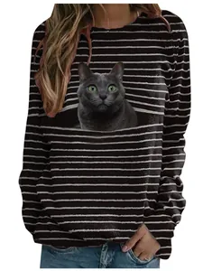 T-shirt décontracté à manches longues pour femmes avec un imprimé chat gris réaliste