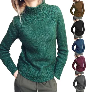 Pull Décontracté à Torsades pour Femmes Col Montant Élégant Couleur Unie Manches Longues Coupe Ajustée Tricot Automne Hiver