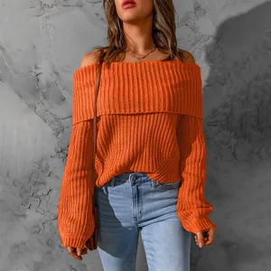 Chic orange off-the-shoulder chunky knit sweater for women, perfect for a cozy winter look