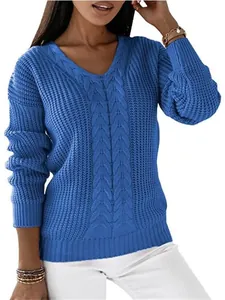 Women's Casual V-Neck Cable Knit Sweater Long Sleeve Pullover Slim Fit Acrylic Solid Color Soft Warm Knitwear Top