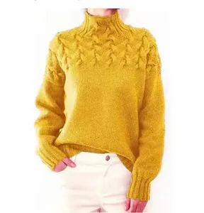 Close-up detail of mustard yellow chunky cable knit high-neck sweater for women's autumn wear