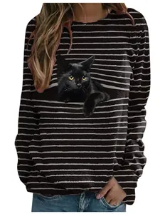 T-shirt décontracté à manches longues pour femmes avec rayures et imprimé chat noir