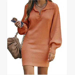 Chic orange knit sweater dress with lapel collar and lantern sleeves for women