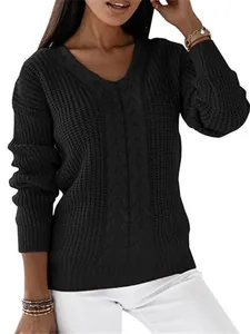 Elegant women's V-neck long sleeve cable knit sweater in solid black for a casual autumn look