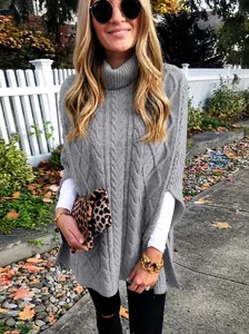 Dames Hoge Hals Kabelbreisel Sjaal Trui Losse Vleermuismouw Cape Top Elegante Oversized Pullover Breigoed Streetwear Acryl Trui