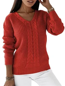 Vibrant red women's cable-knit V-neck sweater with long sleeves for stylish casual wear
