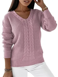 Elegant women's pink V-neck cable-knit sweater featuring long sleeves and casual fit style