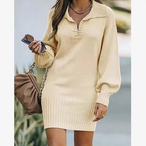 Elegant beige women V-neck sweater dress featuring lantern sleeves and collar detail