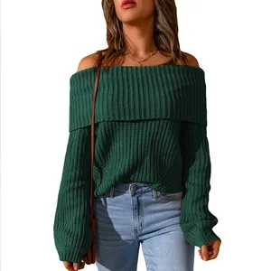 Detailed texture of women's off-the-shoulder green chunky knit sweater with a loose fit