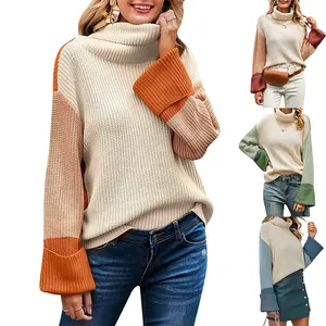 Women High Neck Color Block Knitted Sweater Patchwork Long Sleeve Pullover Loose Fit Acrylic Thick Winter Warm Knitwear Top